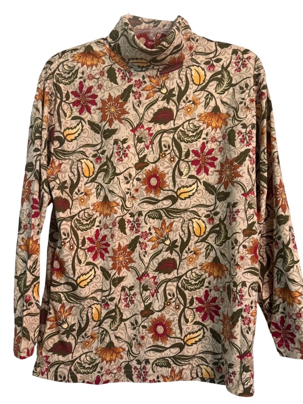 Vintage 90s Botanical Floral Cotton Turtleneck Preppy Cottagecore Top L - Picture 2 of 4